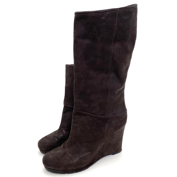 Prada Fold Over Cuffs Leather Wedge Bootie in Chocolate Brown - Picture 7 of 12